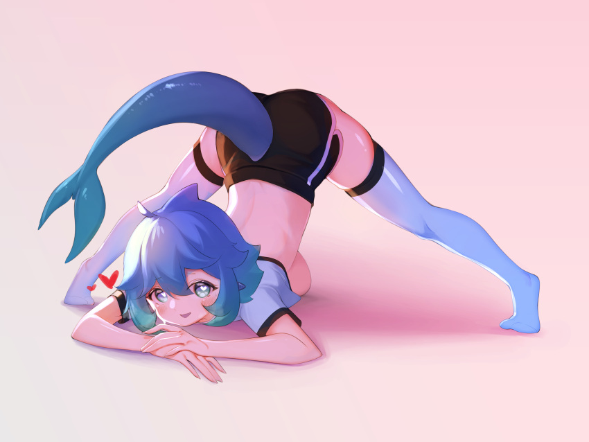 absurdres ahoge aqua_hair black_shorts blue_eyes blue_hair blue_thighhighs blush breasts cropped_shirt feet female fins fish_tail flexible full_body gari_(sbgu) gradient_hair hair_between_eyes heart heart-shaped_pupils highres horns jack-o'_challenge looking_at_viewer medium_breasts multicolored_hair no_shoes original sbgu shark_fin shark_girl shark_tail shirt short_hair short_shorts short_sleeves shorts sideboob simple_background skindentation smile solo symbol-shaped_pupils tail tail_through_clothes thighhighs thighs top-down_bottom-up two-tone_hair white_shirt