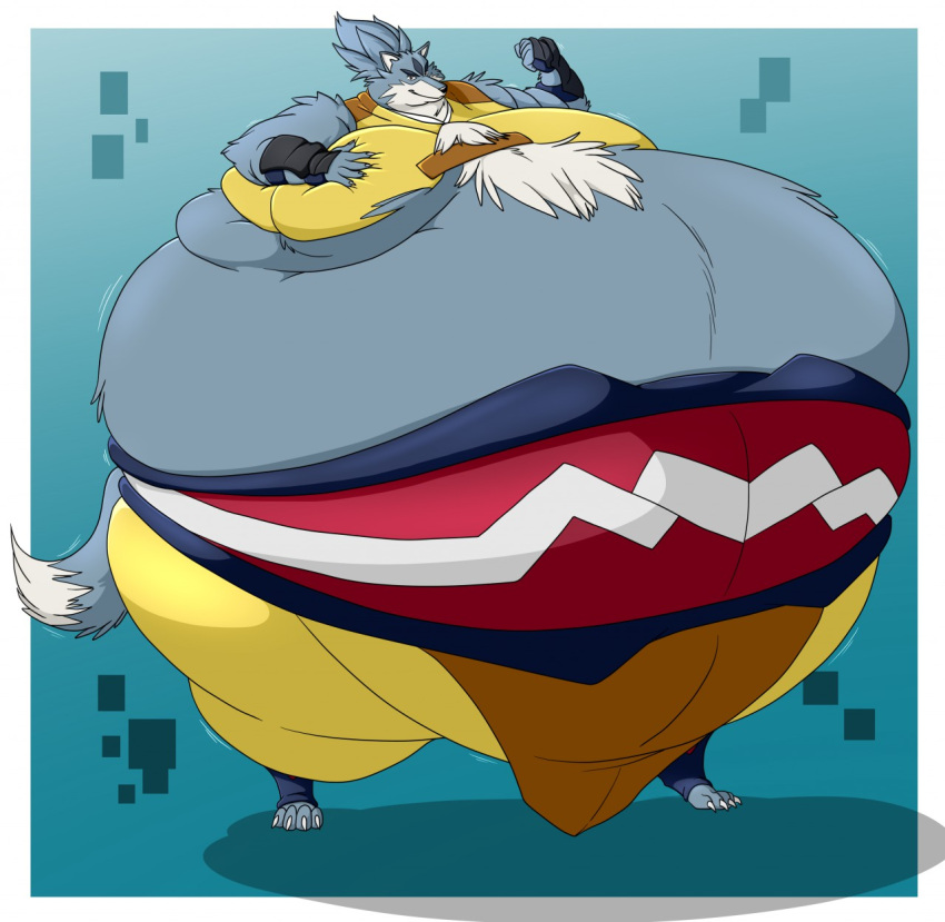 2018 anthro armor belly big_belly bottomwear canid canine canis chest_tuft claws clothed clothing ears_up fist fur gundam gundam_build_divers hand_on_chest hectorthewolf hi_res looking_at_viewer male mammal morbidly_obese morbidly_obese_anthro morbidly_obese_male obese obese_anthro obese_male overweight overweight_anthro overweight_male pants pose raised_tail smile smiling_at_viewer smirk solo standing tail thick_thighs tigerwolf_(gundam_build_divers) toe_claws topwear tuft wide_hips wolf