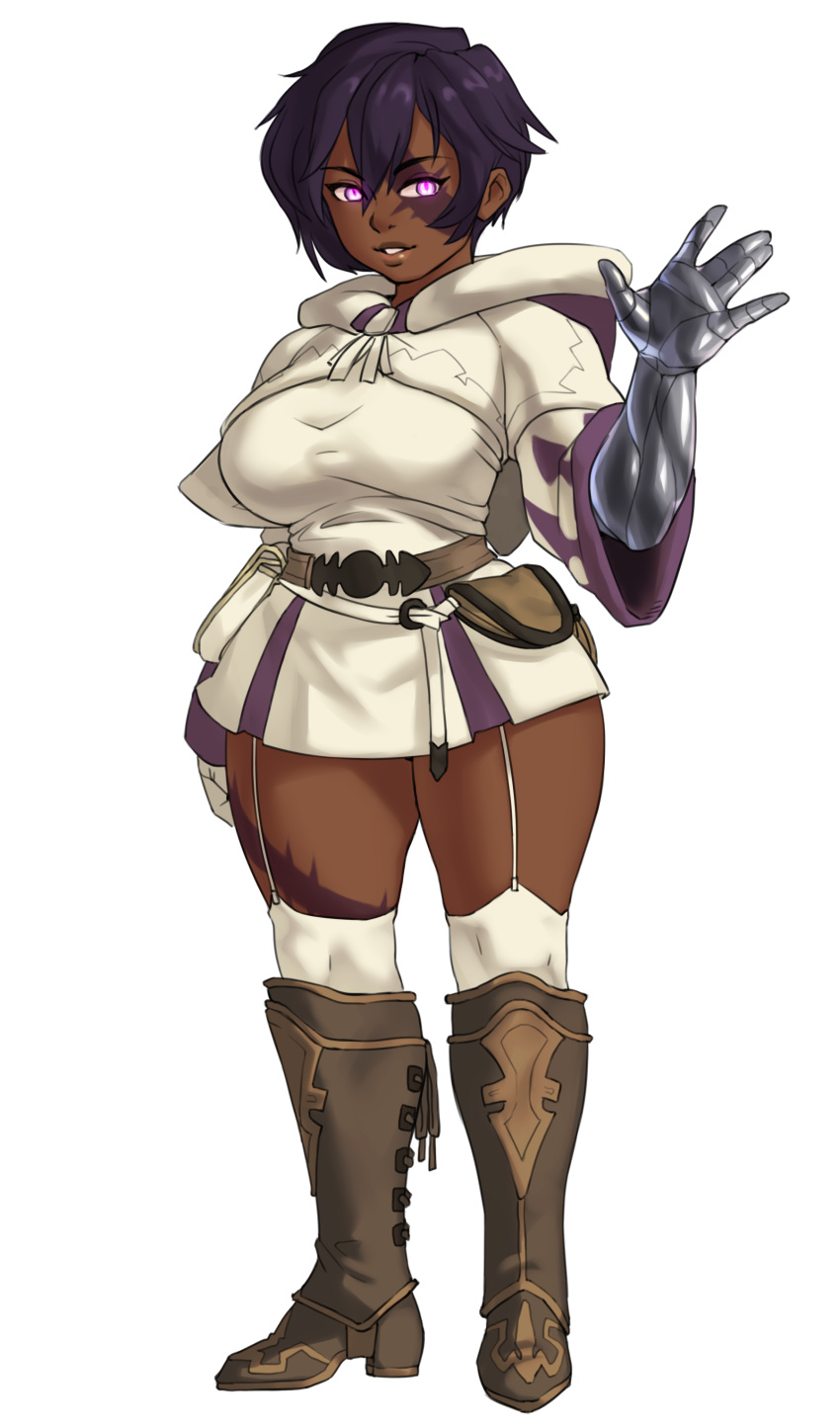 absurd_res big_breasts borvar breasts clothed clothing dark_body dark_skin female fully_clothed gesture hair hi_res human human_only mammal not_furry prosthetic prosthetic_arm prosthetic_limb purple_eyes purple_hair silvy_sharpbrim solo tattoo thick_thighs waving