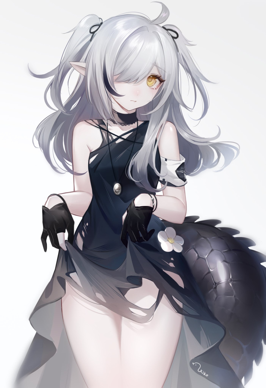 ahoge arknights bad_id bad_twitter_id bare_shoulders black_dress black_hair black_ribbon closed_mouth clothes_lift crocodilian_tail crying dress dress_lift female flower grey_background grey_hair hair_over_one_eye hair_ribbon highres jewelry kiko lifting_own_clothes long_hair looking_at_viewer multicolored_hair necklace official_alternate_costume official_alternate_hairstyle orange_eyes pointy_ears ribbon signature simple_background solo streaked_hair tail tears tomimi_(arknights) torn_clothes torn_dress two_side_up white_flower