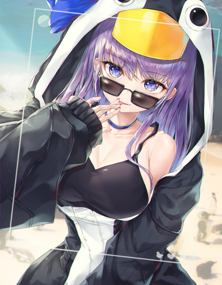 :p animal_hood bare_shoulders bikini black-framed_eyewear black_bikini black_jacket black_tank_top blue_bow blue_choker blue_eyes blurry blurry_background bow breasts choker cleavage collarbone commentary day depth_of_field fate/grand_order fate_(series) female fingernails glint h2o_(dfo) hair_between_eyes highres hood hood_up hooded_jacket jacket long_hair long_sleeves looking_at_viewer looking_over_eyewear medium_breasts meltryllis_(fate) meltryllis_(swimsuit_lancer)_(fate) meltryllis_(swimsuit_lancer)_(first_ascension)_(fate) nail_polish outdoors penguin_hood purple_hair red_nails sleeves_past_wrists solo sunglasses swimsuit symbol-only_commentary tank_top tongue tongue_out