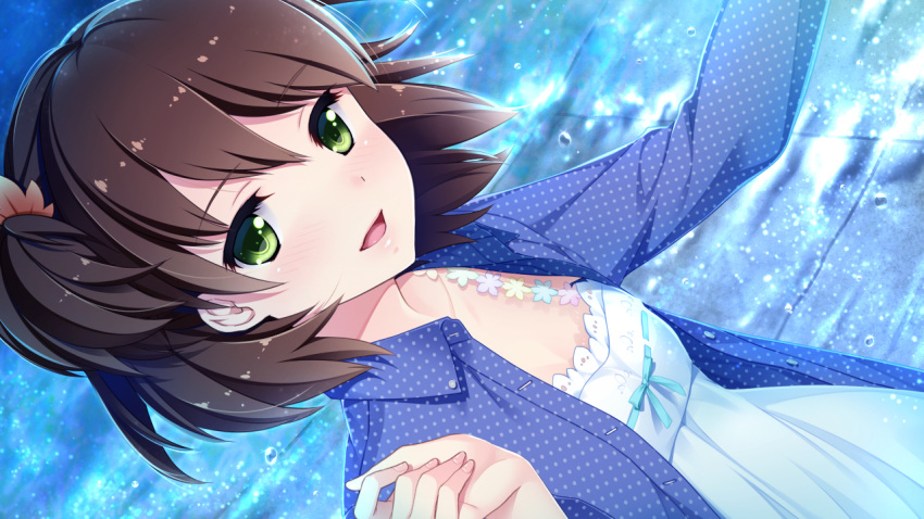 :d akino_subaru blue_shirt brown_hair collarbone dress dress_shirt dutch_angle female floating_hair game_cg gin'iro_haruka green_eyes hair_between_eyes long_hair nashiro_momiji one_side_up open_clothes open_shirt polka_dot polka_dot_skirt shirt skirt sleeveless sleeveless_dress smile solo standing sundress white_dress