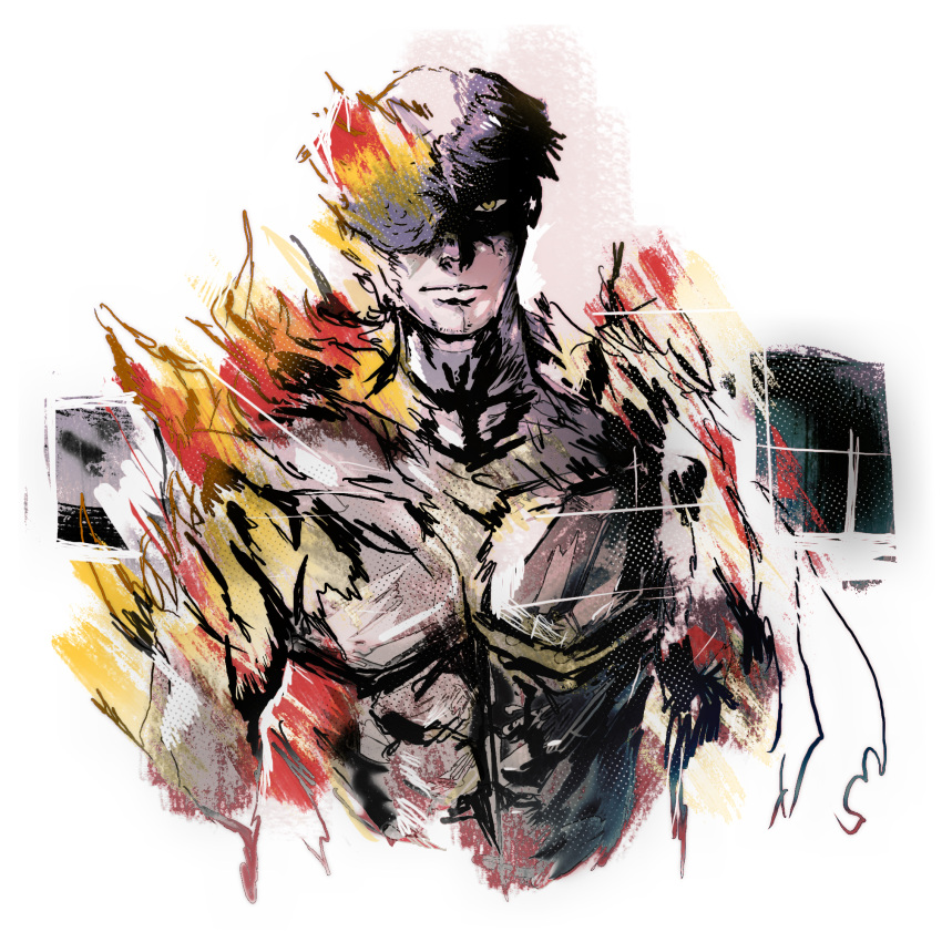 1boy agni_(fire_punch) black_hair burn_scar burning cropped_torso fire fire_punch highres looking_at_viewer male_focus muscular muscular_male nosebleed404 scar shaded_face short_hair simple_background solo white_background yellow_eyes