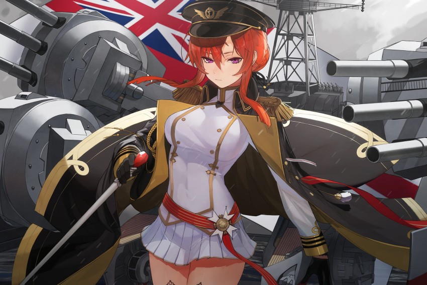 absurdres alternate_uniform aoiro_(t_aoiro123) azur_lane black_cloak black_headwear breasts cloak closed_mouth dress feet_out_of_frame female hair_ornament highres holding long_hair looking_at_viewer medium_breasts monarch_(azur_lane) purple_eyes red_hair solo standing union_jack white_dress