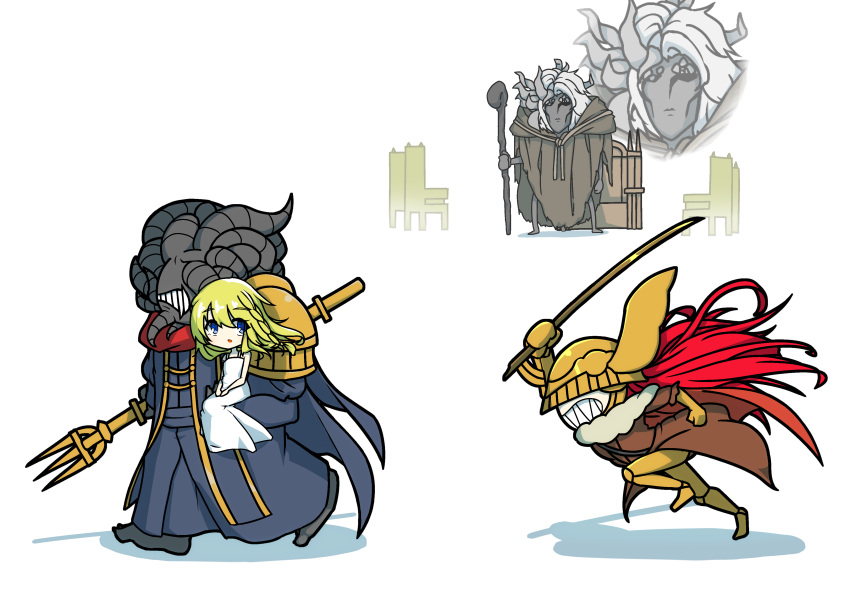 3boys absurdres blonde_hair blue_eyes brother_and_sister carrying carrying_person chair chasing clenched_teeth covered_eyes elden_ring female helmet highres kuroneghi long_hair malenia_blade_of_miquella margit_the_fell_omen miquella_(elden_ring) mohg_lord_of_blood morgott_the_omen_king multiple_boys polearm red_hair running siblings simple_background sword teeth trident weapon white_background