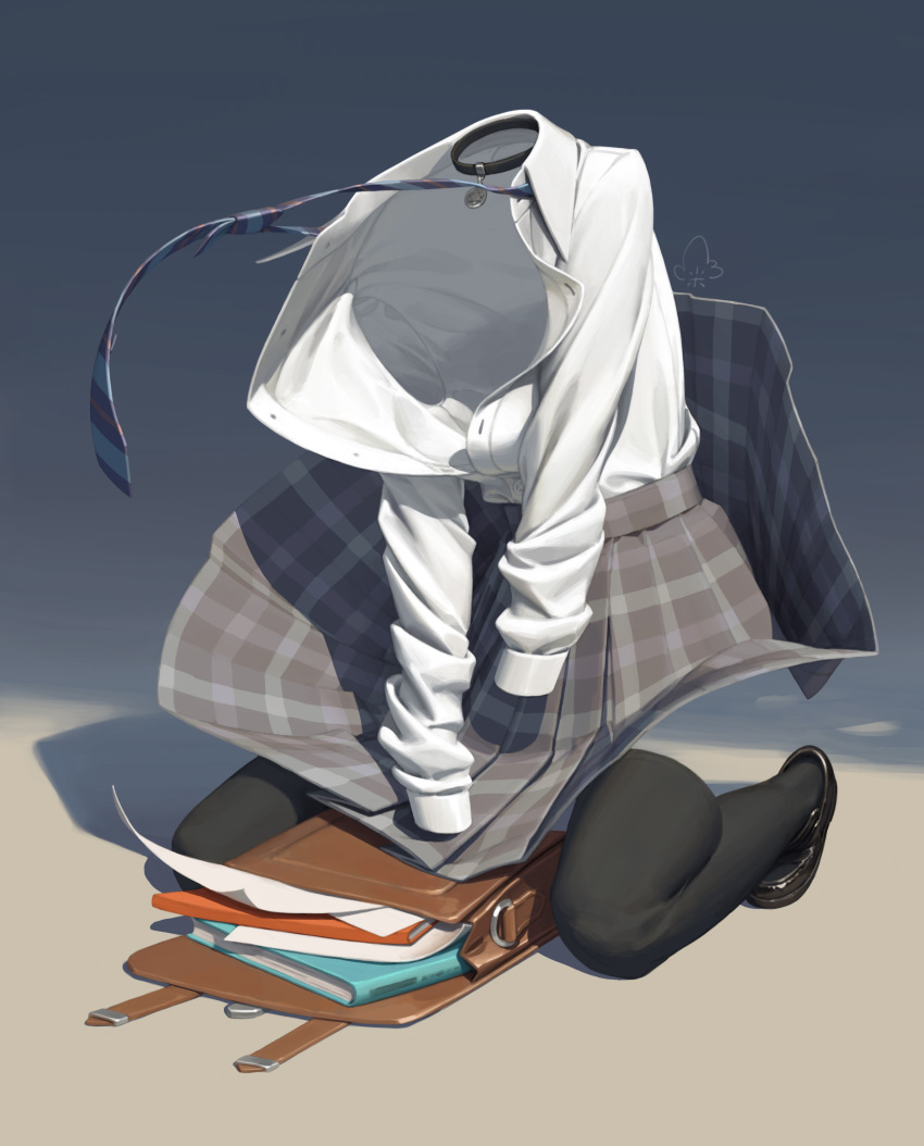 absurdres bag black_choker black_thighhighs blue_necktie chen_zhang choker collared_shirt dress_shirt female grey_skirt highres invisible kneeling loafers long_sleeves loose_necktie necktie notebook open_clothes open_shirt original paper plaid plaid_skirt pleated_skirt school_bag school_uniform shirt shoes simple_background skirt skirt_tug solo striped_necktie thighhighs white_shirt wind wind_lift