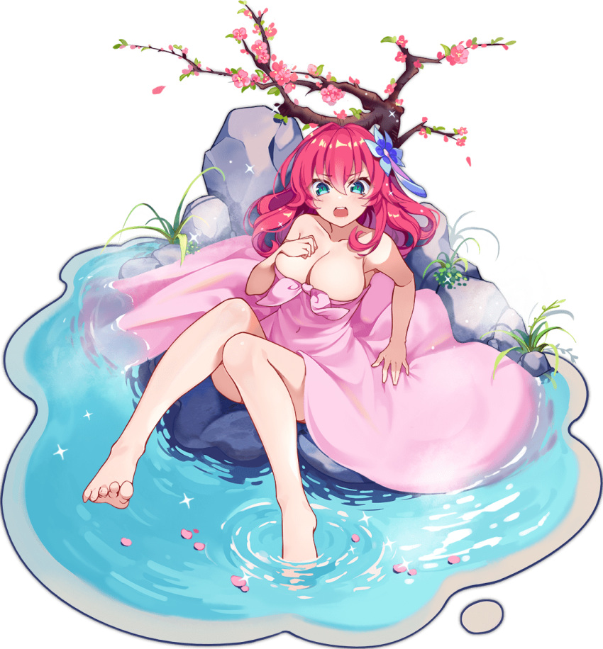 aqua_eyes ark_order artist_request bare_legs bare_shoulders blue_flower blush branch breasts faux_figurine feet female flower full_body grass hair_flower hair_ornament highres large_breasts long_hair looking_at_viewer naked_towel no_game_no_life official_alternate_costume official_art onsen petals petals_on_liquid pink_flower pink_hair rock solo sparkle stephanie_dora towel transparent_background water