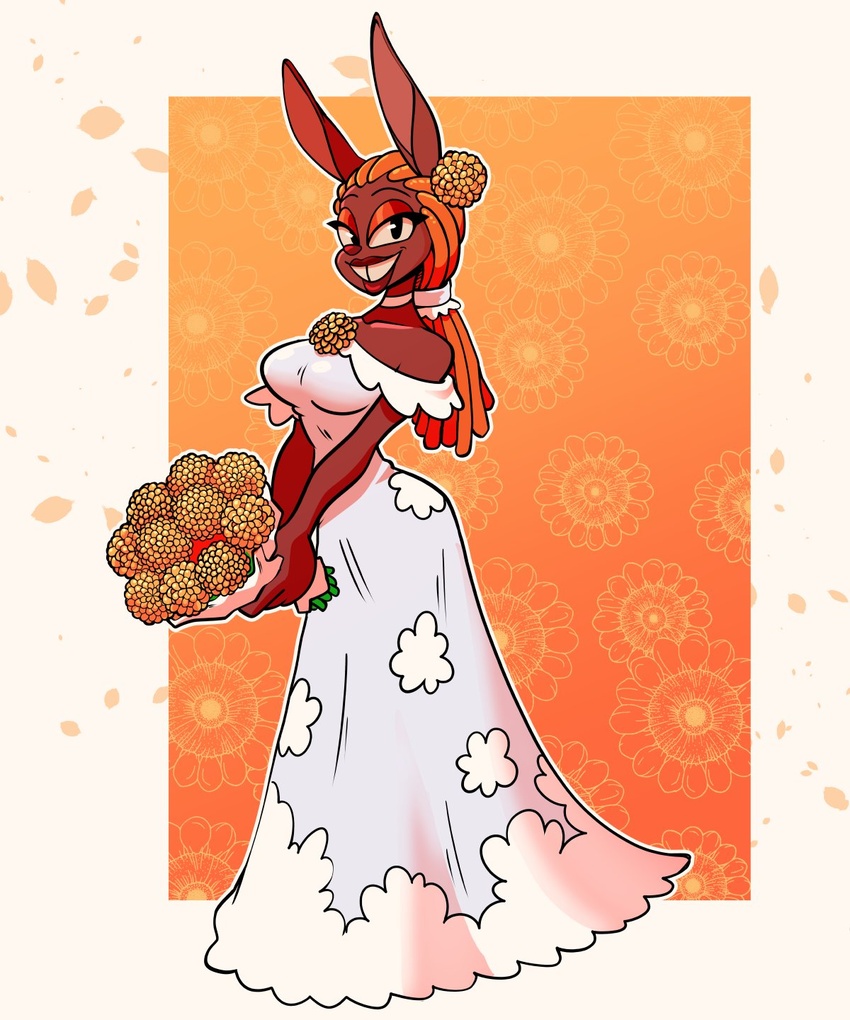 2023 5:6 accessory anthro bouquet braided_hair brown_body brown_fur brown_skin clothing dress female flower flower_bouquet flower_in_hair fur galactabee glistening_eyelids grin hair hair_accessory hi_res lagomorph leporid lidded_eyes mammal orianna_(galactabee) plant rabbit smile solo tooth_gap