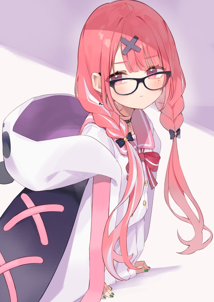 animal_hood black_bow bow braid female glasses green_nails hair_behind_ear hairbow highres hood hooded_jacket hoodie jacket kanase_(mcbrwn18) leaning_forward looking_to_the_side nijisanji panda_hood pink_eyes pink_hair red_bow sasaki_saku sasaki_saku_(6th_costume) school_uniform serafuku solo twin_braids virtual_youtuber white_hoodie white_jacket