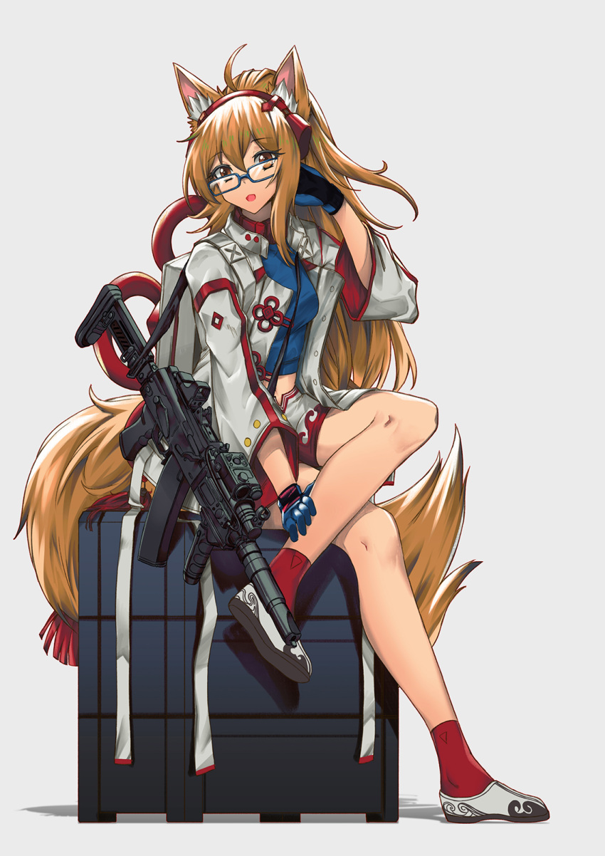 ak-74u_(girls'_frontline) ak-74u_(girls'_frontline)_(cosplay) ak-74u_(lily_of_the_valley)_(girls'_frontline) aks-74u alternate_costume animal_ears assault_rifle bare_legs blonde_hair blue_gloves blue_shirt brown_eyes commission concept_art cosplay crossed_legs female girls'_frontline glasses gloves gun hair_ornament hand_on_leg hand_on_own_head headphones highres holding holding_weapon jacket kalashnikov_rifle long_hair looking_at_viewer official_alternate_costume open_clothes open_jacket open_mouth original over_shoulder persocon93 pixiv_commission red_legwear rifle shirt sitting solo tail weapon weapon_over_shoulder white_background white_footwear white_jacket