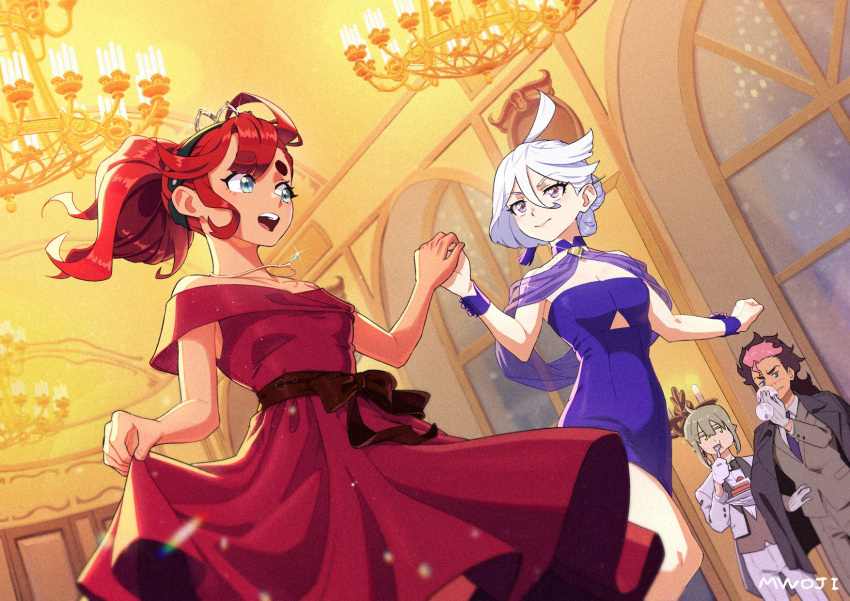 2boys 2girls artist_name ballroom blue_dress blue_eyes blush brown_hair dancing dress elan_ceres formal grey_eyes guel_jeturk gundam gundam_suisei_no_majo hair_between_eyes highres holding_hands indoors jewelry miorine_rembran multiple_boys multiple_girls mwoji necklace official_alternate_costume pink_hair ponytail purple_eyes red_dress red_hair signature suletta_mercury sweat thick_thighs thighs tiara white_hair yuri