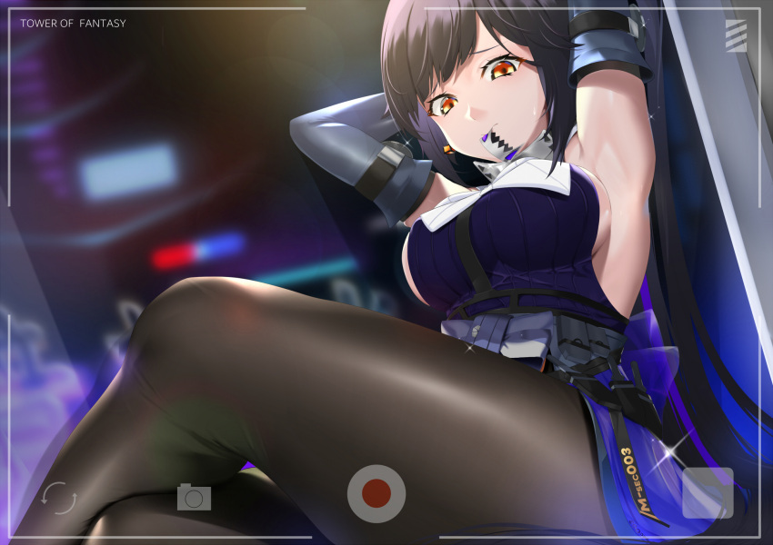 arm_up armpits arms_behind_head black_hair blue_dress blurry blurry_background breasts dress female highres long_hair looking_at_viewer medium_breasts multicolored_eyes pantyhose ponytail saki_fuwa_(tower_of_fantasy) seven_(corea0918) sideboob solo sweatdrop thighs tower_of_fantasy viewfinder