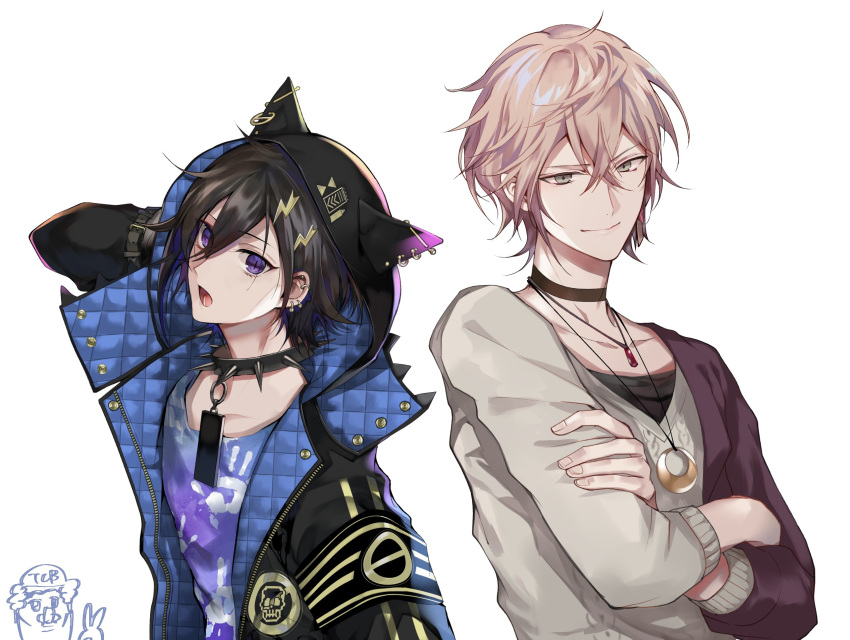 2boys :o animal_ears animal_hood arm_up artist_name black_choker black_hair black_hoodie brown_hair choker closed_mouth collar collarbone crossed_arms earrings green_eyes hair_between_eyes hair_ornament handprint highres holostars hood hood_up hoodie jewelry kanade_izuru kanade_izuru_(1st_costume) looking_at_viewer male_focus multiple_boys necklace o-ring open_mouth purple_eyes purple_shirt rikka_(1st_costume)_(holostars) rikka_(holostars) ring shirt short_hair simple_background single_sleeve slit_pupils smile spiked_collar spikes sweater tcb upper_body virtual_youtuber white_background white_shirt