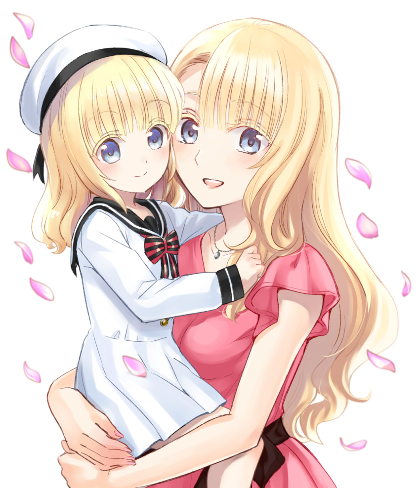 2girls :d aged_down beret black_sailor_collar blonde_hair blue_eyes blush bow carrying collarbone colored_eyelashes commentary_request dahlia_academy_boarding_school_uniform dress fingernails hat highres jewelry juliet_persia kishuku_gakkou_no_juliet lolicon long_hair long_sleeves looking_at_viewer mother_and_daughter multiple_girls nail_polish natsupa open_mouth pendant petals pink_dress pink_nails ragdoll_persia sailor_collar sailor_dress school_uniform short_sleeves simple_background smile striped striped_bow very_long_hair white_background white_dress white_headwear