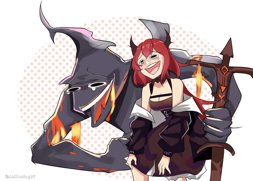 abineko absurdres arknights black_collar black_jacket breasts cleavage collar commentary crying crying_with_eyes_open demon_horns detached_collar elite_ii_(arknights) english_commentary feet_out_of_frame female hands_on_own_knees highres holding holding_sword holding_weapon horns jacket large_breasts laughing long_hair meme off_shoulder open_clothes open_jacket open_mouth parody red_hair surtr's_golem_(arknights) surtr_(arknights) sword tears teeth weapon wheeze_comic_(meme) white_background