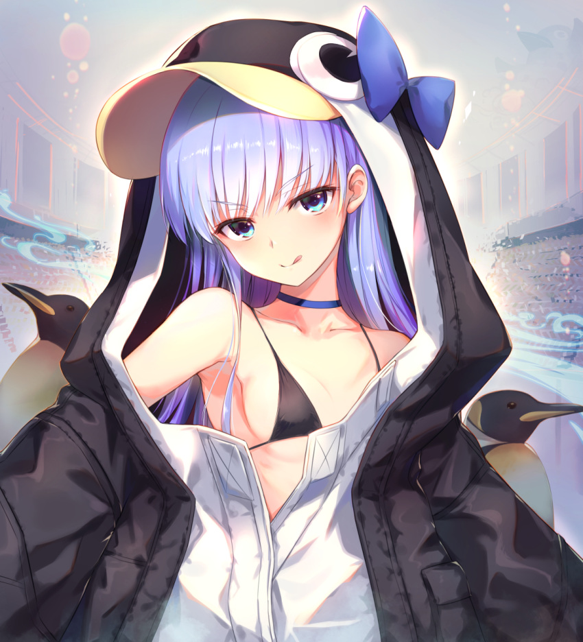 :q animal_hood bare_shoulders bikini bird black_bikini black_jacket blue_bow blue_choker blue_eyes blue_hair blush bow breasts choker collarbone commentary_request emperor_penguin fate/grand_order fate_(series) female head_tilt highres hinooka_shuuji hood hooded_jacket jacket long_hair long_sleeves looking_at_viewer meltryllis_(fate) meltryllis_(swimsuit_lancer)_(fate) meltryllis_(swimsuit_lancer)_(first_ascension)_(fate) off_shoulder penguin penguin_hood small_breasts smile solo swimsuit tongue tongue_out upper_body v-shaped_eyebrows white_jacket