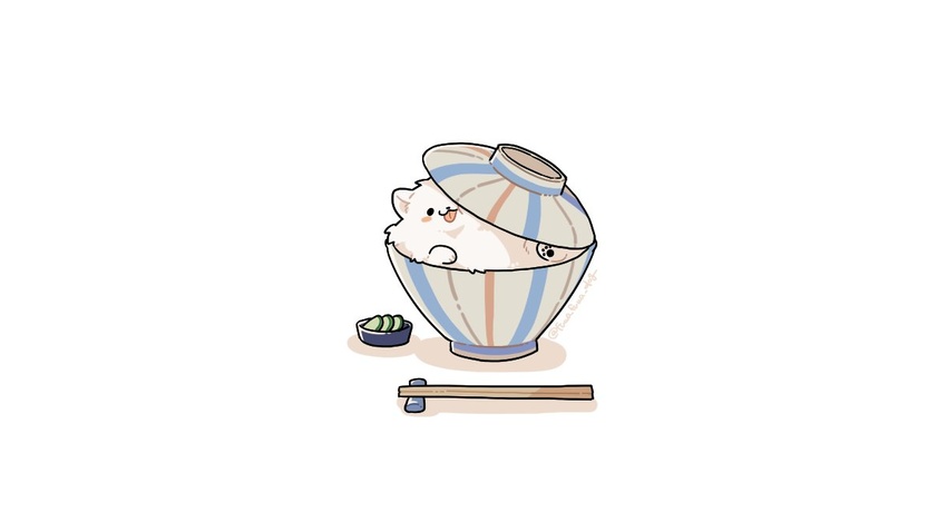 :3 animal animal_focus artist_name black_eyes blush_stickers bowl canine cheek_squash chopstick_rest chopsticks closed_mouth fluffy food fuwa_fuwa_dog in_bowl in_container lid looking_at_viewer no_humans one_eye_covered original shadow simple_background solid_circle_eyes solo tongue tongue_out twitter_username white_background