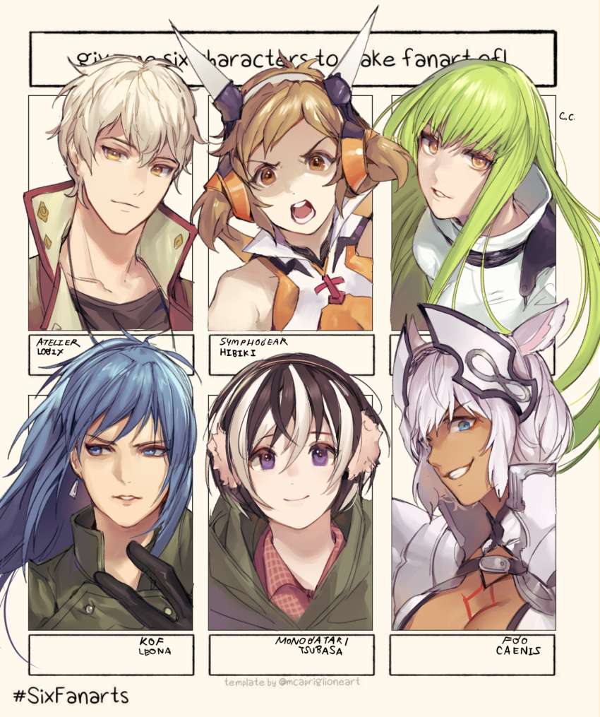 1boy 5girls atelier_(series) atelier_escha_&_logy black_hair blonde_hair blue_eyes blue_hair c.c. caenis_(fate) character_name coat code_geass commentary copyright_name dark-skinned_female dark_skin earrings english_commentary english_text fate/grand_order fate_(series) green_coat green_hair green_jacket hanekawa_tsubasa highres jacket jewelry koimonogatari leona_heidern light_brown_hair logix_ficsario long_hair monogatari_(series) multicolored_hair multiple_drawing_challenge multiple_girls ponytail senki_zesshou_symphogear short_hair six_fanarts_challenge streaked_hair tachibana_hibiki_(symphogear) the_king_of_fighters velahka white_hair