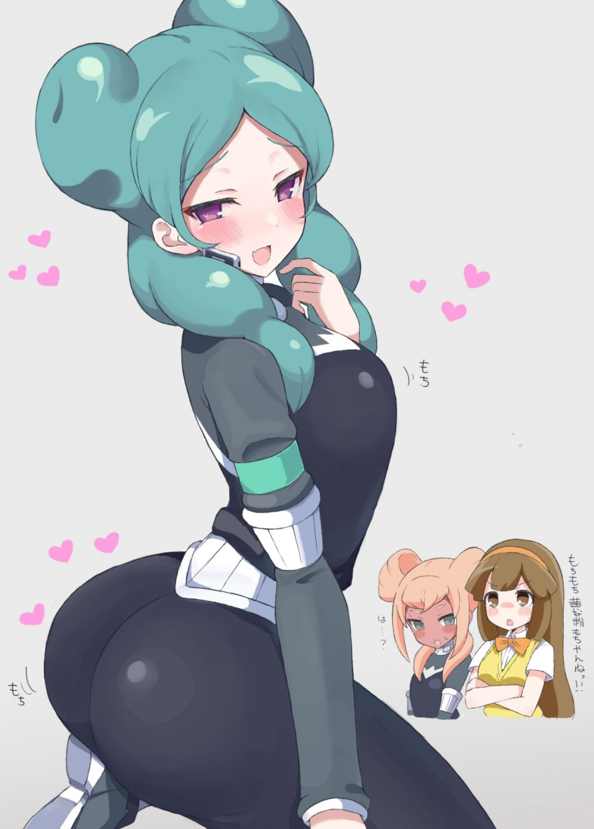 3girls :d aqua_hair armband ass ass_focus bad_id bad_twitter_id beta_(inazuma_eleven) blush double_bun from_side hair_bun highres inazuma_eleven_go_chrono_stone long_hair looking_at_viewer matachin_(matatin_cream) multiple_girls nanobana_kinako no_pupils orca_(inazuma_eleven) protocol_omega purple_eyes skin_tight smile solo_focus squatting twisted_torso