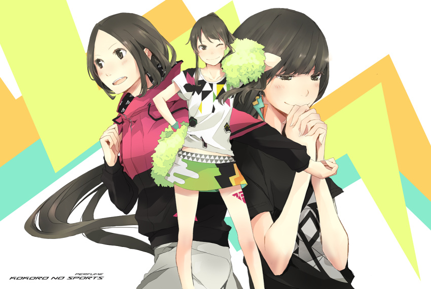 3girls ;) a~chan bad_id bad_pixiv_id black_shirt brown_eyes brown_hair earrings eyelashes group_name hand_on_own_hip hood hoodie interlocked_fingers jacket jewelry kashiyuka leg_tattoo lightning_bolt_earrings lightning_bolt_symbol long_hair miniskirt multiple_girls nocchi_(perfume) one_eye_closed open_mouth own_hands_together perfume_(band) pom_pom_(cheerleading) ponytail running shirt short_hair short_sleeves skirt smile song_name t-shirt tattoo track_jacket yoshito