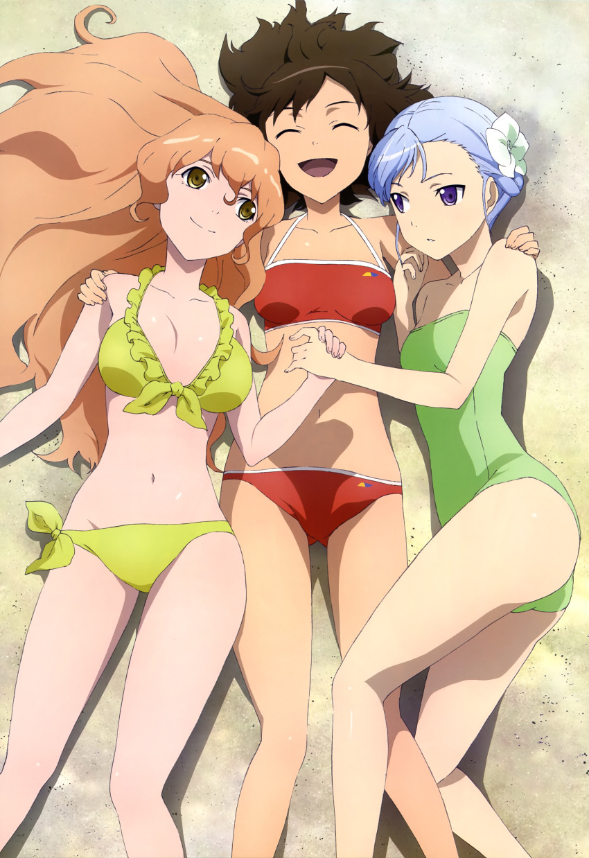 3girls absurdres beach bikini blue_hair breasts brown_hair cleavage fin_e_ld_si_laffinty flower front-tie_top girl_sandwich green_one-piece_swimsuit hair_flower hair_ornament highres imageboard_desourced kutsuzawa_youko kyouno_madoka legs long_hair lying medium_breasts muginami multiple_girls non-web_source nyantype official_art on_back one-piece_swimsuit open_mouth polyamory polygamy red_bikini rinne_no_lagrange sandwiched scan short_hair side-tie_bikini_bottom small_breasts strapless strapless_one-piece_swimsuit swimsuit wife_and_wife wife_and_wife_and_wife yellow_bikini yuri