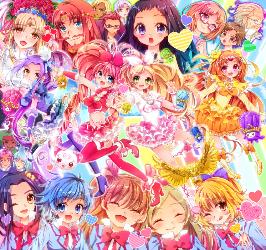 6+boys 6+girls :o ;q annotated aphrodite_(suite_precure) aria_gakuen_school_uniform baritone_(suite_precure) bassdrum beard bird blonde_hair blue_crown blue_eyes blue_footwear blue_hair blue_legwear blue_skirt blush boots bow brown_eyes brown_hair bubble_skirt choker circlet closed_eyes commentary_request copyright_name crescendo_tone cure_beat cure_melody cure_muse_(yellow) cure_rhythm dodory dory everyone eyelashes facial_hair falsetto_(suite_precure) fary flat_(suite_precure) flower flower-trimmed_crown frills glasses green_eyes green_hair hair_ribbon hairbow half_updo heart heart_crown higashiyama_seika high_heels highres houjou_hibiki hummy_(suite_precure) knee_boots kurokawa_eren lary long_hair mephisto_(suite_precure) messy_hair minamino_kanade minamino_souta miry moustache multiple_boys multiple_girls natural_(suite_precure) nishijima_waon noise_(suite_precure) one_eye_closed open_mouth orange_hair orange_skirt p-chan_(suite_precure) pink_bow pink_choker pink_hair pink_legwear pink_skirt pink_wrist_cuffs precure purple_eyes purple_hair red-framed_eyewear red_eyes red_facial_hair red_flower red_rose rery ribbon rose school_uniform seiren_(suite_precure) sharp_(suite_precure) shirabe_ako shirabe_otokichi shoes short_hair skirt smile sory suite_precure suzu_(suite_precure) thigh_boots thighhighs tiara tiry tongue tongue_out twintails two_side_up uzuki_aki white_choker wrist_cuffs yellow_bow yellow_eyes zettai_ryouiki