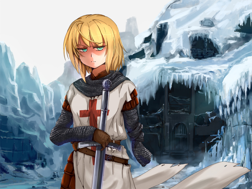 ahoge amputee aqua_eyes armor bad_id bad_pixiv_id belt blonde_hair bookseve buckle chainmail cross female frown furrowed_brow gloves green_eyes half-closed_eyes ice jitome knight knights_templar original photoshop_(medium) single_glove snow solo sword weapon