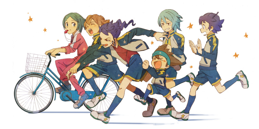 >_< 5boys basket bicycle bicycle_basket blue_eyes blue_hair blue_legwear brown_eyes brown_hair closed_eyes commentary_request female green_hair grin height_difference inazuma_eleven_(series) inazuma_eleven_go jacket kageyama_hikaru kariya_masaki kneehighs long_hair long_sleeves matsukaze_tenma mezashi_(mezasi) multiple_boys nishizono_shinsuke open_mouth parted_bangs profile purple_hair riding running shoes short_hair shorts sleeves_rolled_up smile sneakers soccer_uniform socks sorano_aoi sportswear star_(symbol) track_suit tsurugi_kyousuke whistle white_background yellow_eyes