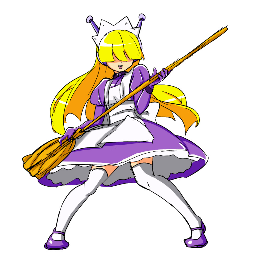 :d apron blonde_hair blunt_bangs broom collar drawfag dress elbow_gloves female full_body gloves hair_over_eyes hand_up highres holding holding_broom legs_apart long_hair maid maid_headdress mary_janes open_mouth purple_dress purple_footwear purple_gloves robot_ears shoes simple_background smile solo spread_legs standing teeth tesse thighhighs upper_teeth_only v_legs waku_waku_7 white_thighhighs