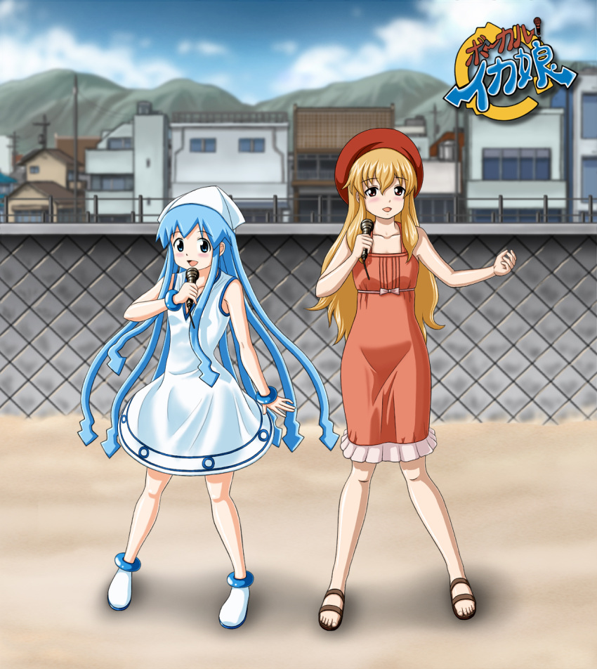 2girls beach blue_eyes blue_hair blush bracelet brown_hair commentary_request dress hat highres ikamusume jewelry long_hair m3t microphone multiple_girls open_mouth red_eyes sandals shinryaku!_ikamusume tanabe_kozue tentacle_hair very_long_hair