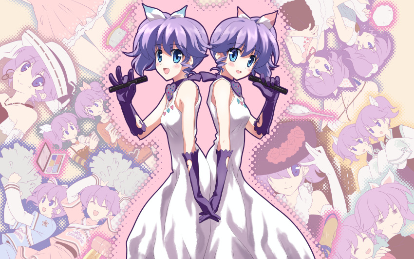 2girls absurdres blue_eyes djmax djmax_portable gloves hair_ribbon highres ladymade_star microphone multiple_girls nina_klatt purple_hair ribbon scan sehra_klatt siblings side_ponytail sisters symmetry twins yuuki_tatsuya