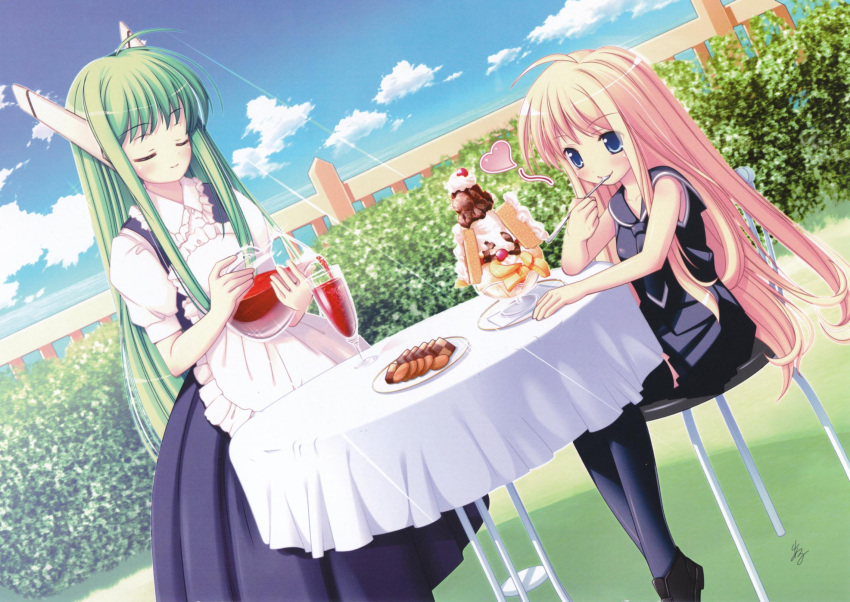 apron aru_(abyssinia) blonde_hair blue_eyes chair closed_eyes dress eating evangeline_a_k_mcdowell food glass green_hair heart highres ice_cream karakuri_chachamaru long_hair mahou_sensei_negima! maid multiple_girls pitcher robot_ears sitting skirt smile table thighhighs zettai_ryouiki