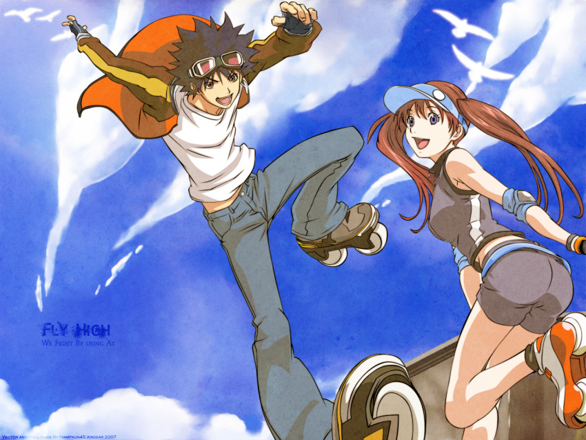 1boy air_gear air_trecks ass backview bird black_hair blue_eyes breasts brown_eyes brown_hair building cloud clouds couple denim elbow_pads elbowpads english female fingerless_gloves glasses gloves highres inline_skates jacket jump jumping long_hair looking_at_viewer looking_back midriff minami_itsuki noyamano_ringo oh!_great oogure_ito open_mouth outdoors pants roller_skates shirt short_hair short_pants skates sky smile spiked_hair standing tongue twintails visor_cap wallpaper wristband