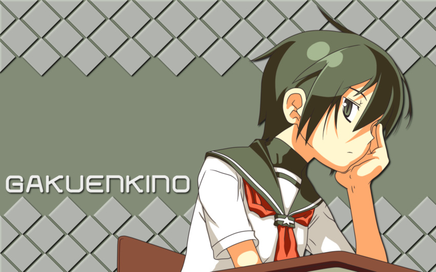 desk gakuen_kino green_eyes green_hair kino kino_no_tabi serafuku short_hair tagme