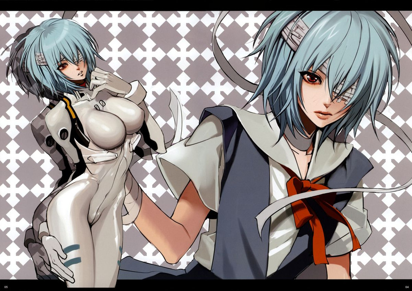 ayanami_rei bandage_over_one_eye bandages blue_hair bodysuit breasts clone doujinshi female huge_breasts inkey neon_genesis_evangelion plugsuit red_eyes ribbon scan school_uniform short_hair skin_tight white_bodysuit