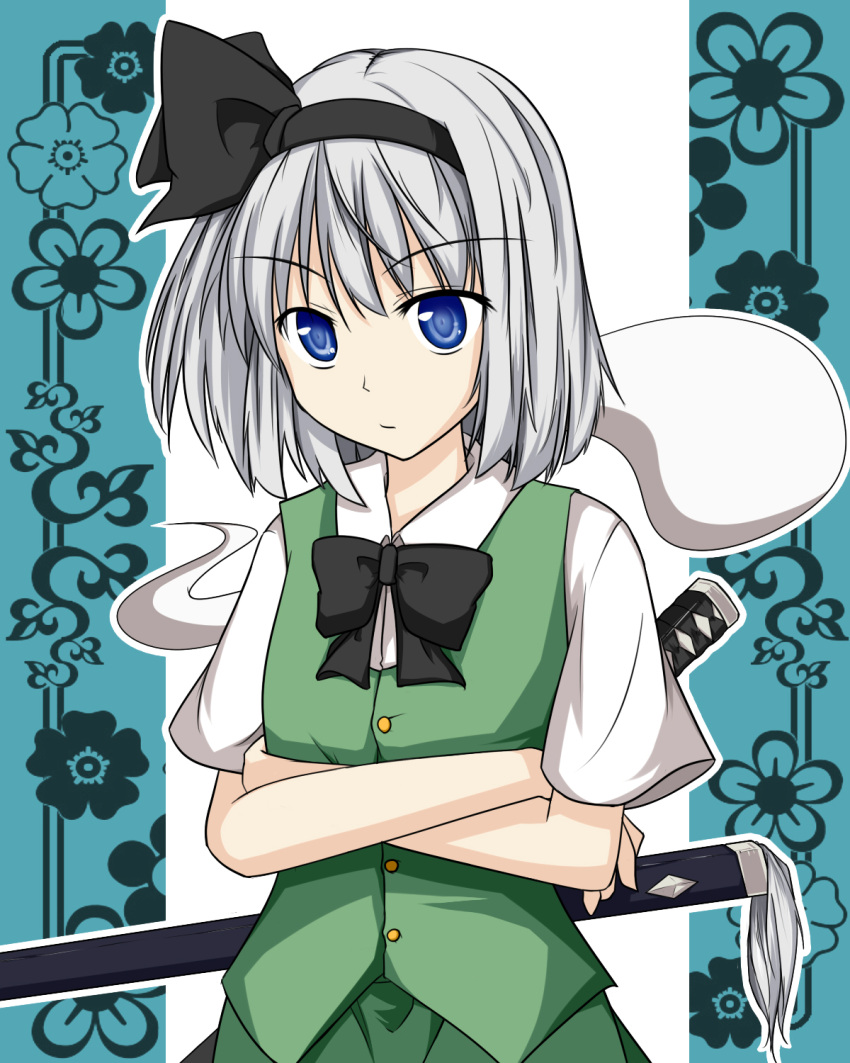 black_hairband blue_eyes commentary_request crossed_arms female fonk ghost hairband highres konpaku_youmu konpaku_youmu_(ghost) short_hair solo sword touhou weapon white_hair