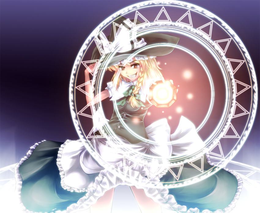 aiming aiming_at_viewer apron blonde_hair braid byakusouya commentary_request female frills grin hair_ribbon hat kirisame_marisa magic_circle mini-hakkero ribbon smile solo touhou waist_apron witch_hat yellow_eyes