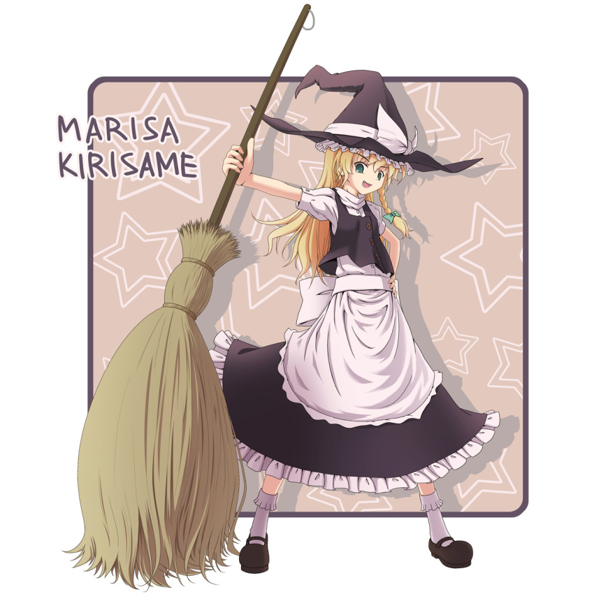 apron blonde_hair bow braid broom buttons commentary_request female green_eyes hair_ribbon hairbow hand_on_own_hip hat highres image_sample irigoma_(jikabi_baisen) kirisame_marisa long_hair mary_janes md5_mismatch oerba_yun_fang open_mouth pixiv_sample ribbon shoes smile socks solo star_(symbol) touhou witch_hat