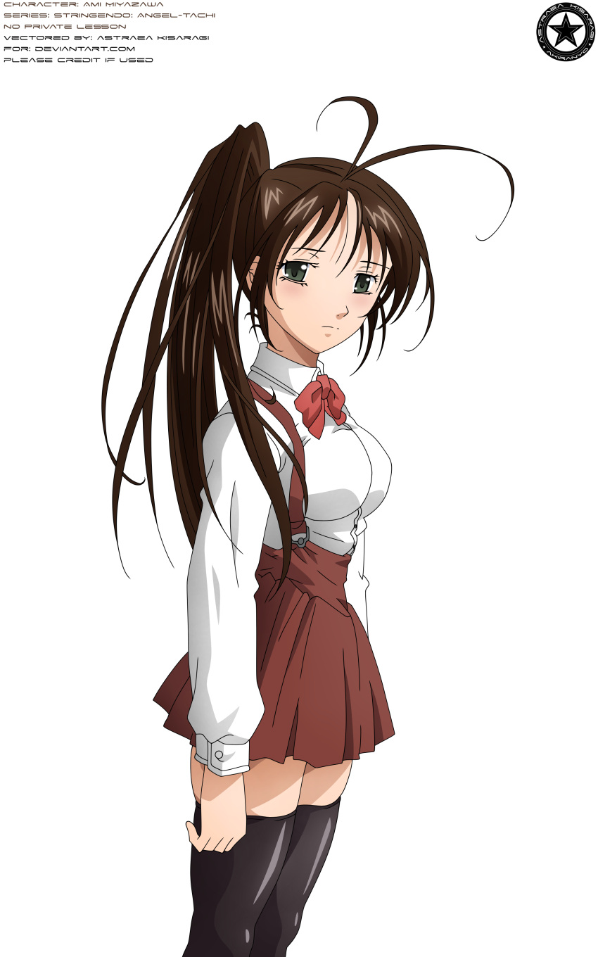 2020 absurd_res akiranyo artist_logo artist_name blush brown_hair_female brown_skirt character_name english_text green_eyes miyazawa_ami ponytail red_bow school_uniform stringendo stringendo_angel_tachi_no_private_lesson text thigh-high_stockings transparent_background vector_trace white_shirt work_name