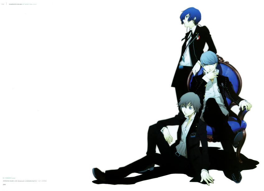 3boys absurdres artbook chair gekkoukan_high_school_uniform headphones highres kanzato_shin multiple_boys naginomori_gakuen_high_school_uniform narukami_yuu persona persona_3 persona_4 persona_trinity_soul scan school_uniform soejima_shigenori yasogami_school_uniform yuuki_makoto_(persona_3)