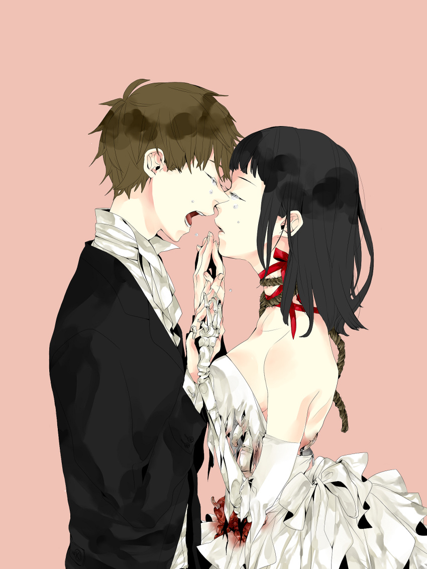 1boy bad_id bad_pixiv_id blood copyright_request dress female gakkou_de_atta_kowai_hanashi guro highres manda_(tyomesuke) ribbon skeleton tears wedding wedding_dress