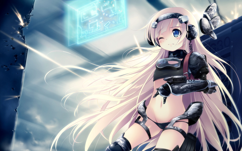 bad_id bad_pixiv_id blue_eyes female highres kazakura long_hair mecha_musume midriff monitor navel one_eye_closed original panties photoshop_(medium) pink_hair solo underwear very_long_hair