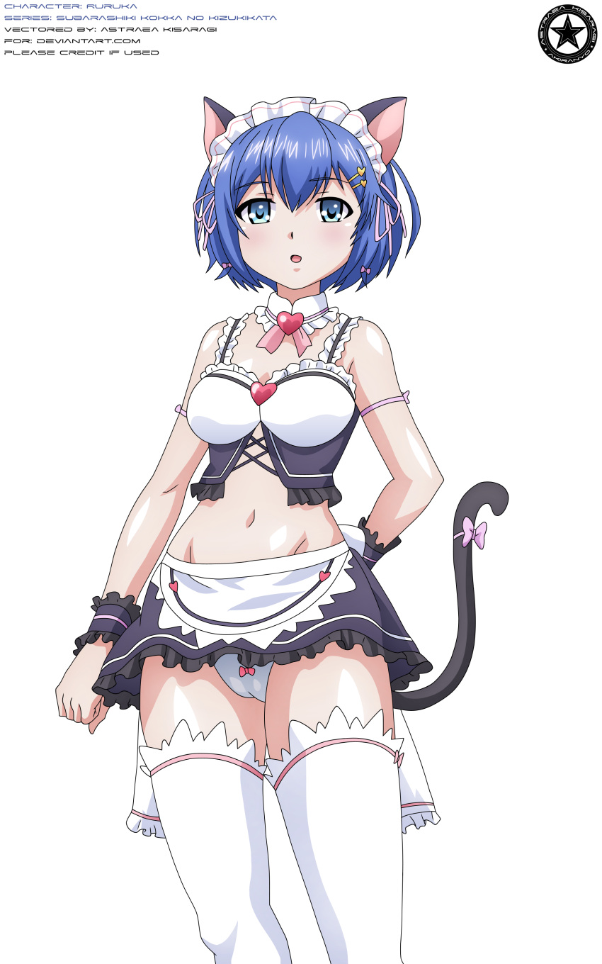 2020 akiranyo armbands artist_logo artist_name cat_ears cat_tail character_name collar_(clothes) english_text hairclips heart_hairclip maid_uniform panty_peek purple_hair_female ribbon_panties ruruka_(subarashiki_kokka_no_kizukikata) sexy_maid shiny_skin short_hair slutty_outfit subarashiki_kokka_no_kizukikata text thigh-high_stockings transparent_background vector_trace work_name wristbands