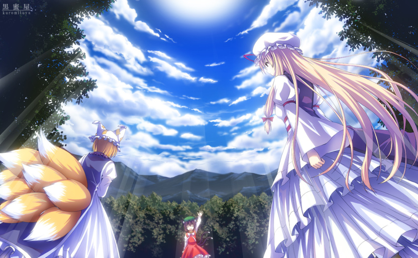 3girls animal_ears blonde_hair brown_hair cat_ears cat_tail chen commentary_request fisheye fox_tail hat kurosaki_hiroya long_hair multiple_girls multiple_tails short_hair tail touhou yakumo_ran yakumo_yukari