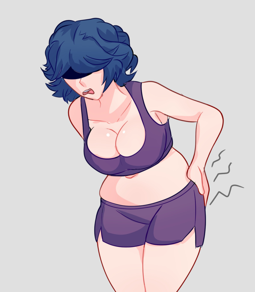 back_pain blue_hair chubby cleavage collarbone cordelia_(dead_estate) dead_estate female female_focus female_only hand_on_back highres large_breasts navel niftyrobo open_mouth plump purple_bra purple_shorts purple_topwear self_upload shaded_face simple_background skindentation solo workout_clothes