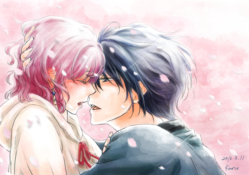 1boy 2016 akatsuki_no_yona black_hair cao_(cucurbita_k) closed_eyes couple dated earrings female from_side hak_(akatsuki_no_yona) half-closed_eyes hand_in_another's_hair hood hood_down imminent_kiss jewelry neck_ribbon open_mouth pink_background pink_hair profile red_ribbon ribbon signature straight upper_body yona_(akatsuki_no_yona)