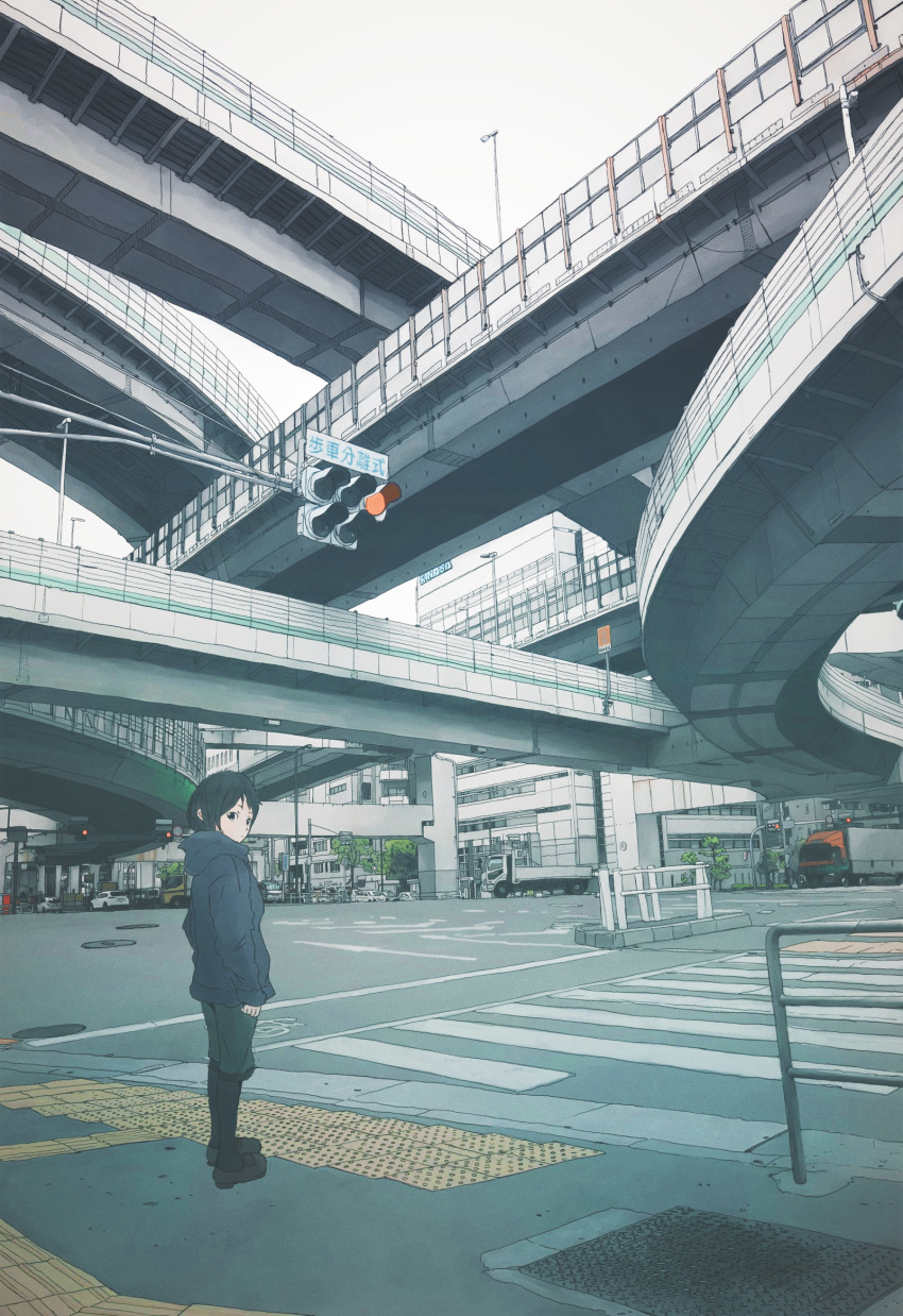 black_eyes black_footwear black_hair black_hoodie black_pantyhose bridge building car commentary crosswalk day expressionless female green_shorts highres highway hood hood_down hoodie intersection looking_at_viewer looking_back manhole_cover motor_vehicle original osaka_(city) outdoors pantyhose pantyhose_under_shorts real_world_location short_hair shorts skyscraper sleeves_past_wrists solo standing tactile_paving traffic_barrier traffic_light truck unagi189 wide_shot