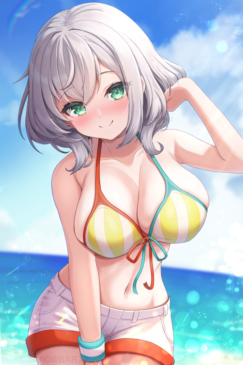 adapted_costume bare_shoulders bikini blush breasts cleavage closed_mouth cloud collarbone cosplay cowboy_shot day female front-tie_bikini_top front-tie_top green_eyes grey_hair hair_between_eyes hand_up highres hololive large_breasts looking_at_viewer medium_hair navel no_shirt ocean oozora_subaru oozora_subaru_(1st_costume) oozora_subaru_(cosplay) outdoors shirogane_noel shorts smile solo split_mouth stomach suicabar72 swimsuit virtual_youtuber wavy_hair white_shorts