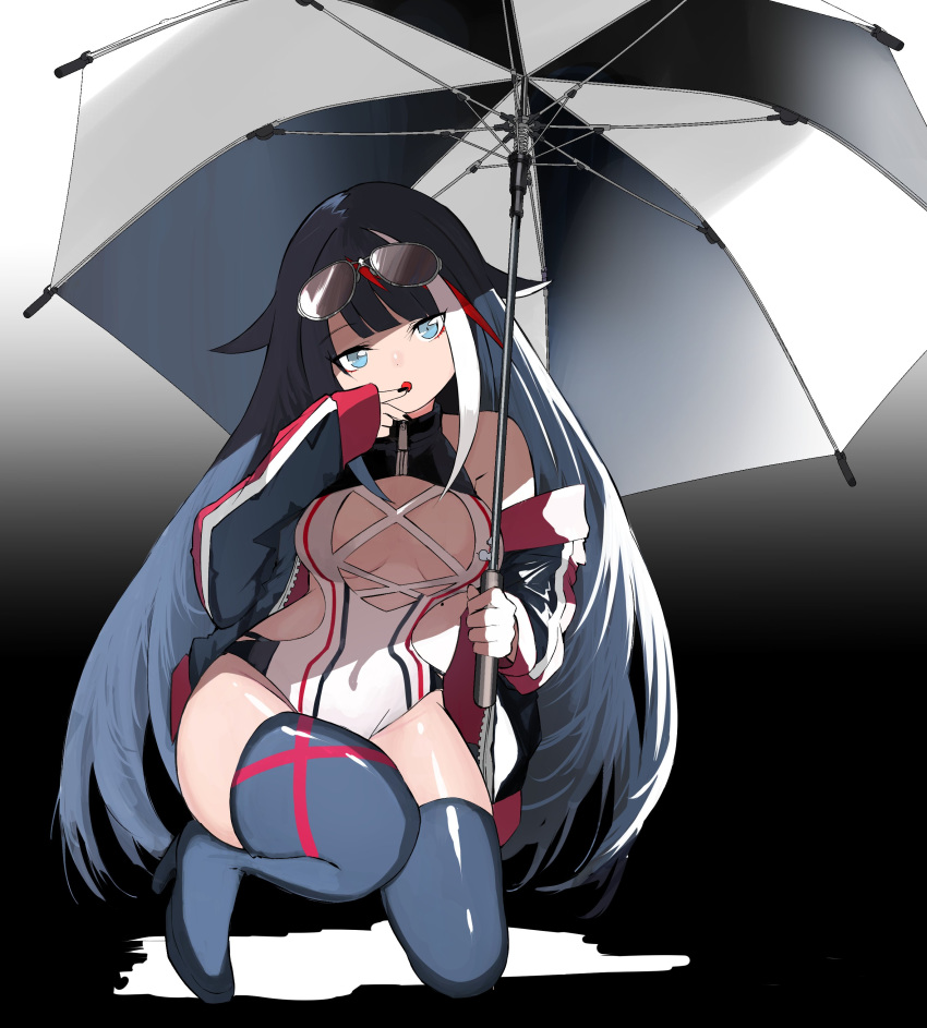 absurdres alternate_costume azur_lane bad_id bad_twitter_id bare_shoulders black_footwear black_hair black_nails blue_eyes boots covered_navel deutschland_(azur_lane) eyewear_on_head female finger_to_mouth highres holding holding_umbrella jacket leotard looking_at_viewer mole multicolored_hair nail_polish off_shoulder race_queen sidelocks solo squatting streaked_hair sunglasses takeakigaku thigh_boots thighhighs tongue tongue_out umbrella zipper