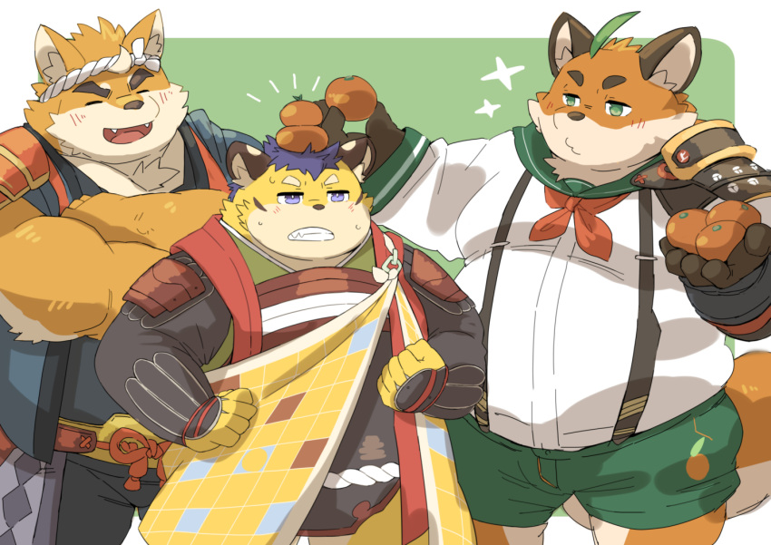 2023 anthro ayame42612 bottomwear canid canine canis closed_eyes clothing domestic_dog felid food fox fruit group iyo_(tamacolle) kai_(tamacolle) kemono male mammal musashi_(tamacolle) orange_(fruit) orange_body overweight overweight_male pantherine plant shirt shorts suspenders tamacolle tiger topwear yellow_body